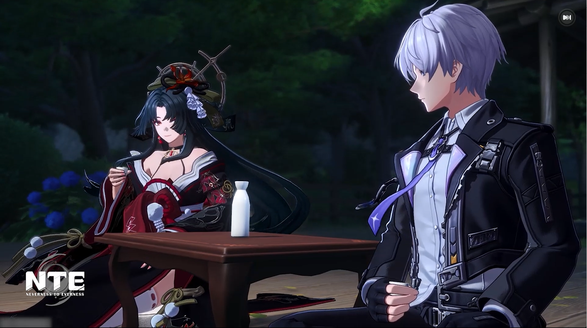 Two Neverness to Everness characters seated together in an official promotional scene
