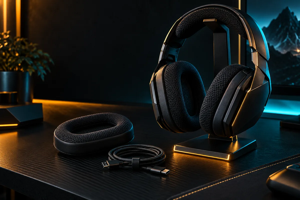 Gaming headset on a stand with replacement ear cushion and charging cable