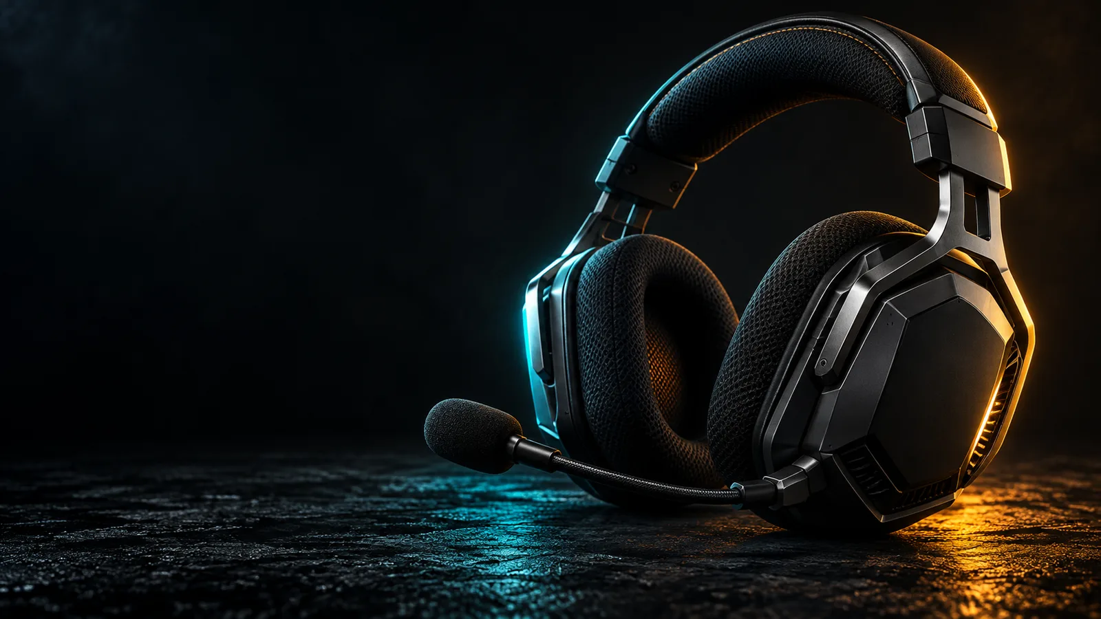 A fictional angular gaming headset with boom microphone lit in gold and cyan