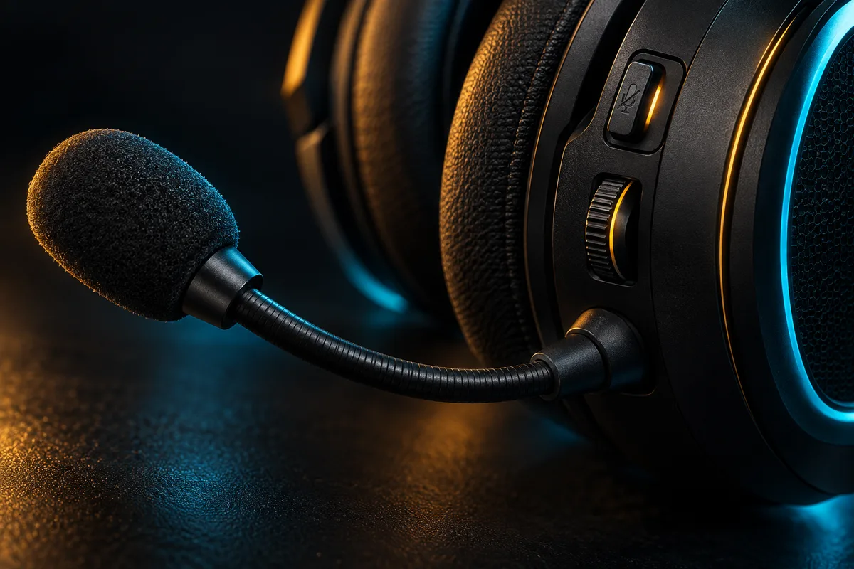 Macro view of a gaming headset boom microphone, mute control and volume wheel