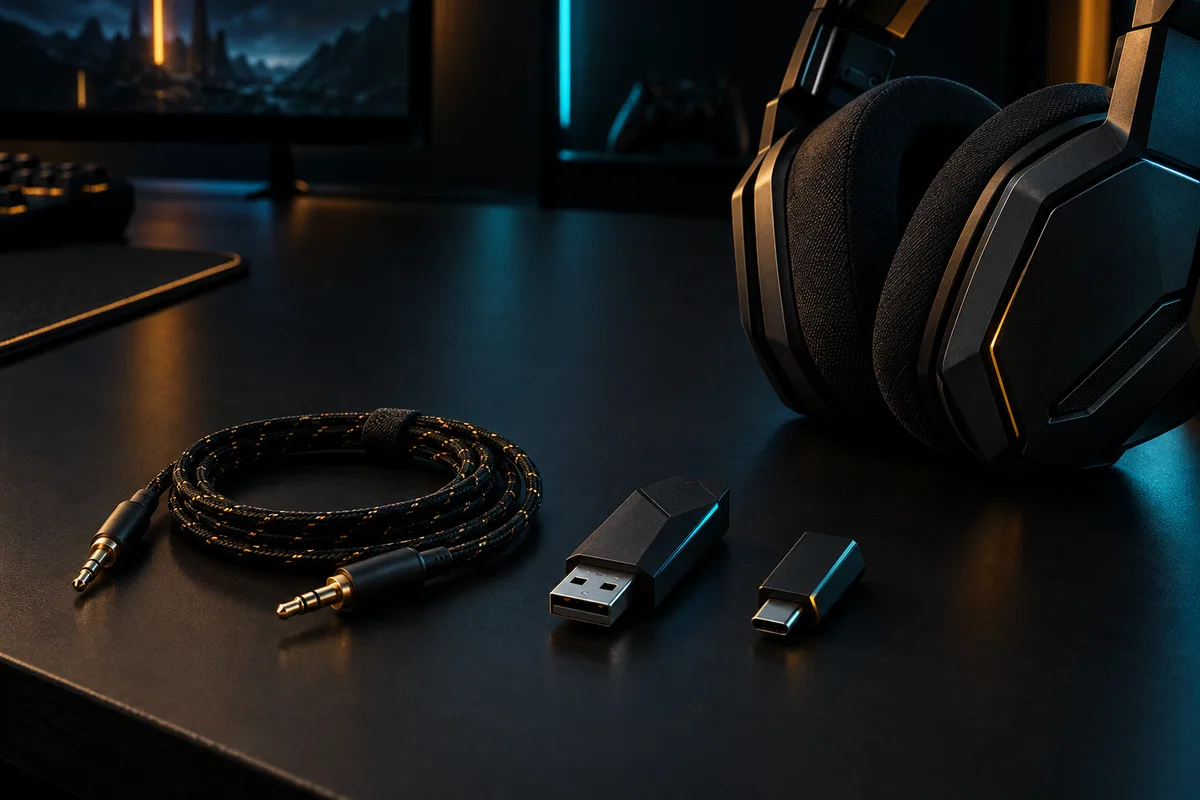 Gaming headset with audio cable, wireless receiver and USB-C adapter
