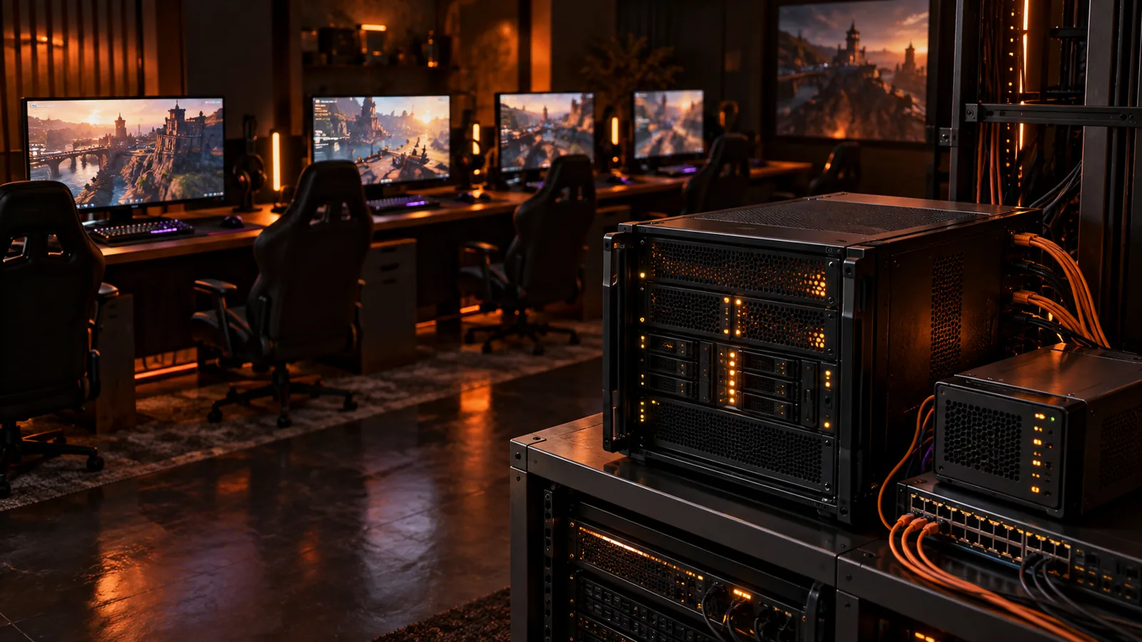 A game server, backup unit and network switch connected to several gaming stations during a peak test