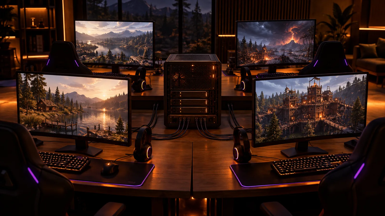 Four gaming stations connected to one local server for a representative group workload