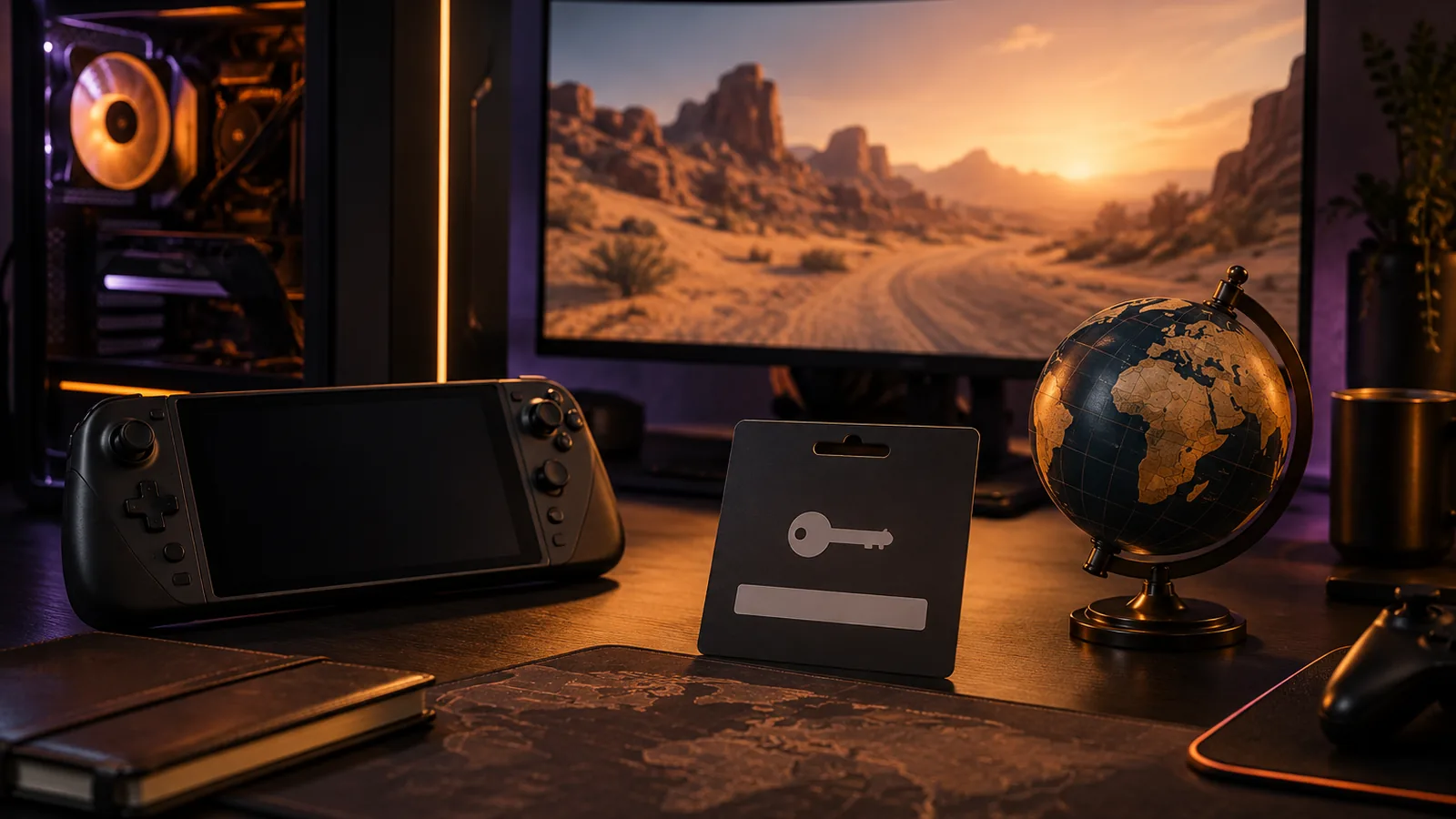 A game activation card beside generic gaming devices and a globe