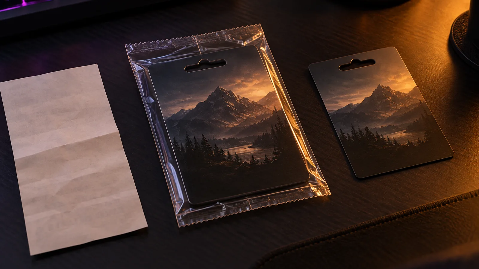 A sealed game activation card and a loose card compared on a gaming desk
