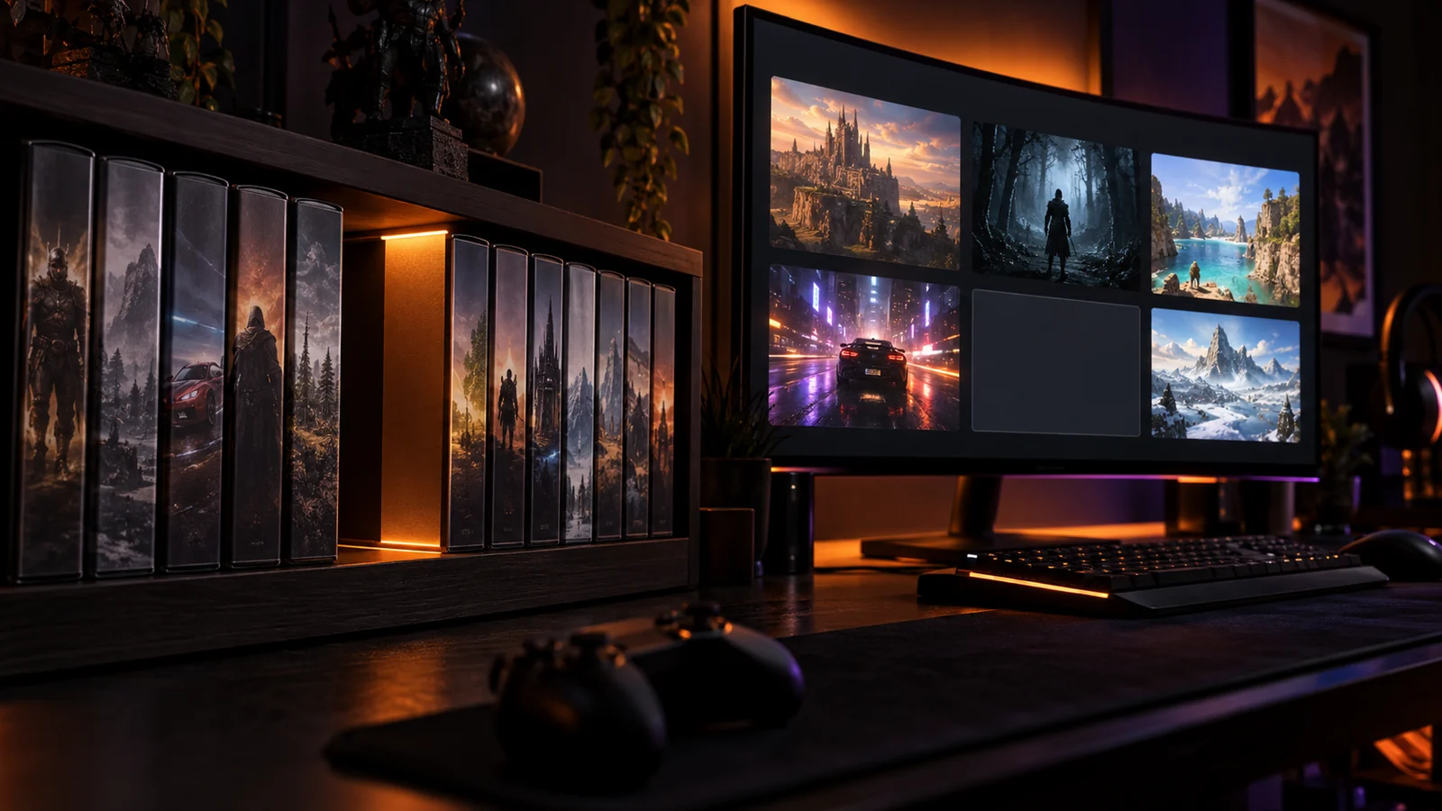 A shelf of generic game cases beside a monitor library with one empty space