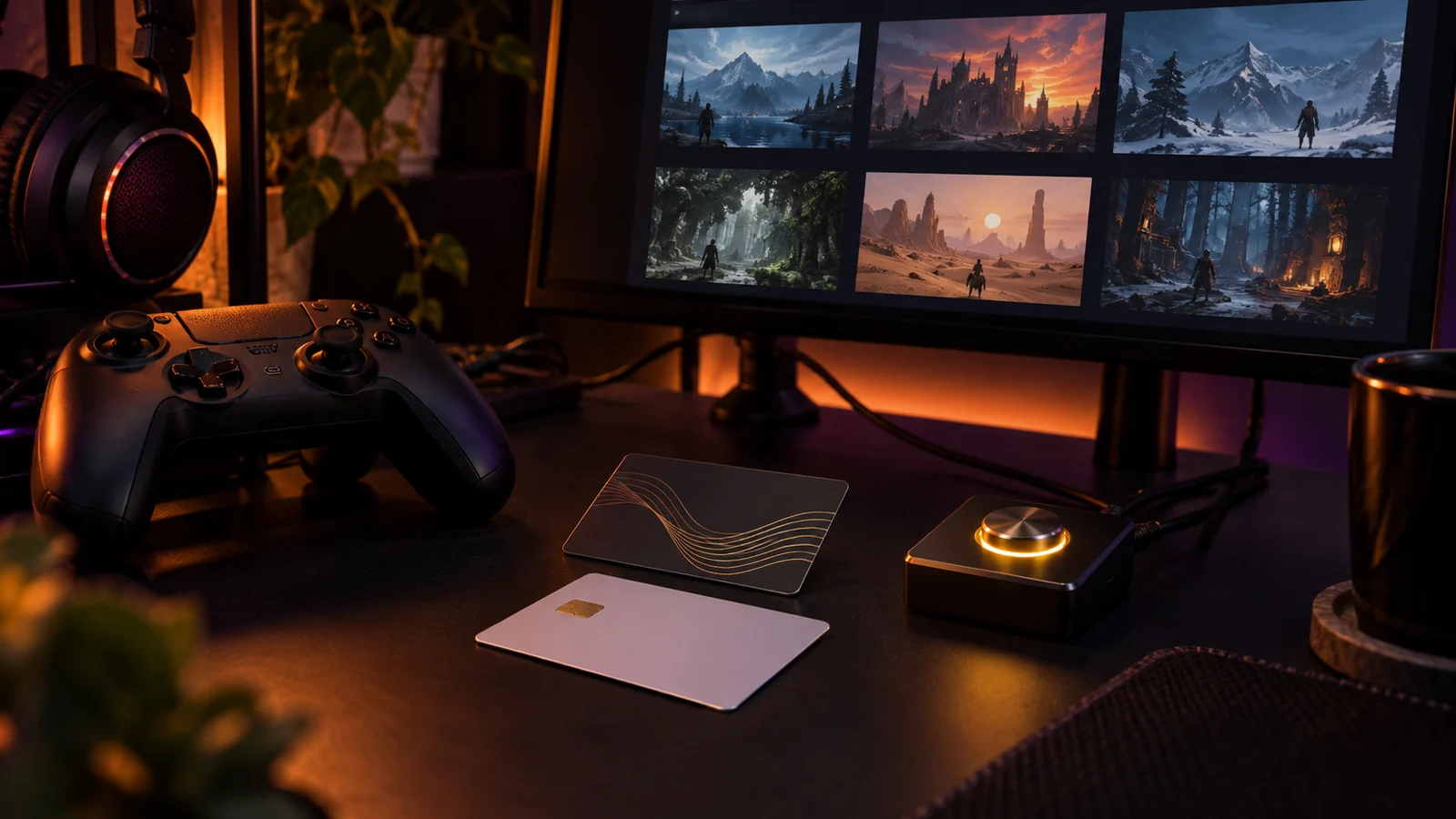 Generic membership and payment cards beside a physical control on a gaming desk