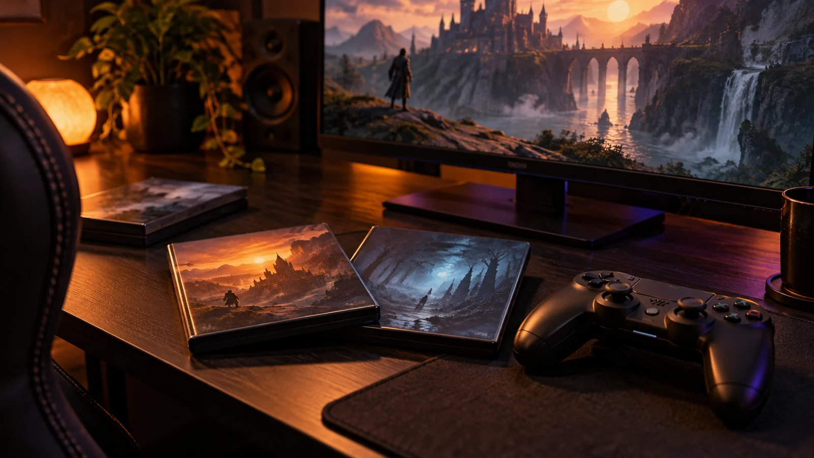 Generic game cases and a controller arranged beside a gaming monitor