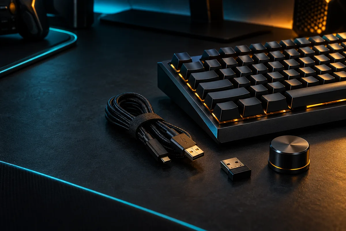 Gaming keyboard with braided cable, wireless receiver and control dial