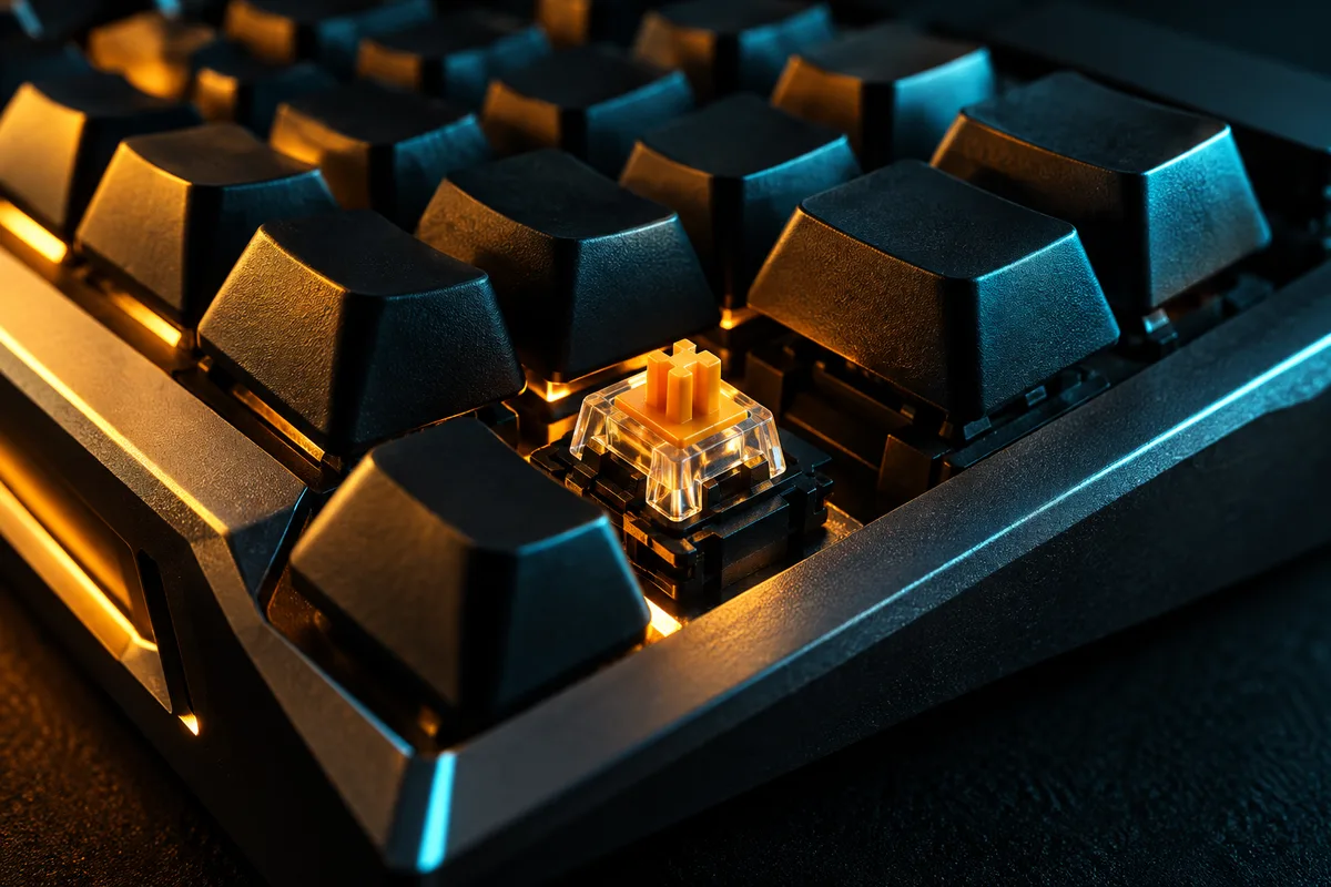 Macro view of gaming keycaps and a visible mechanical switch