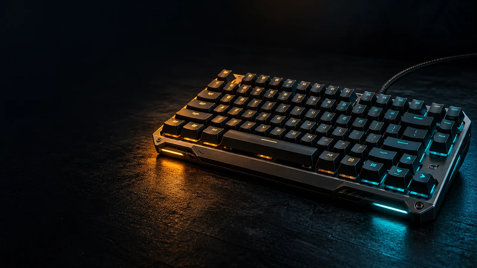 A fictional angular mechanical gaming keyboard lit in gold and cyan