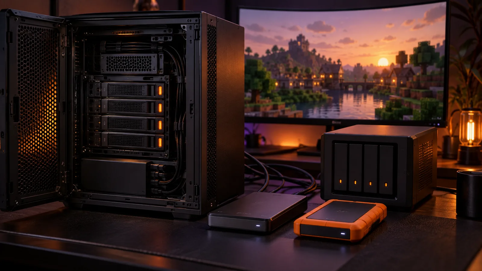 An open game server beside separate backup drives and network storage