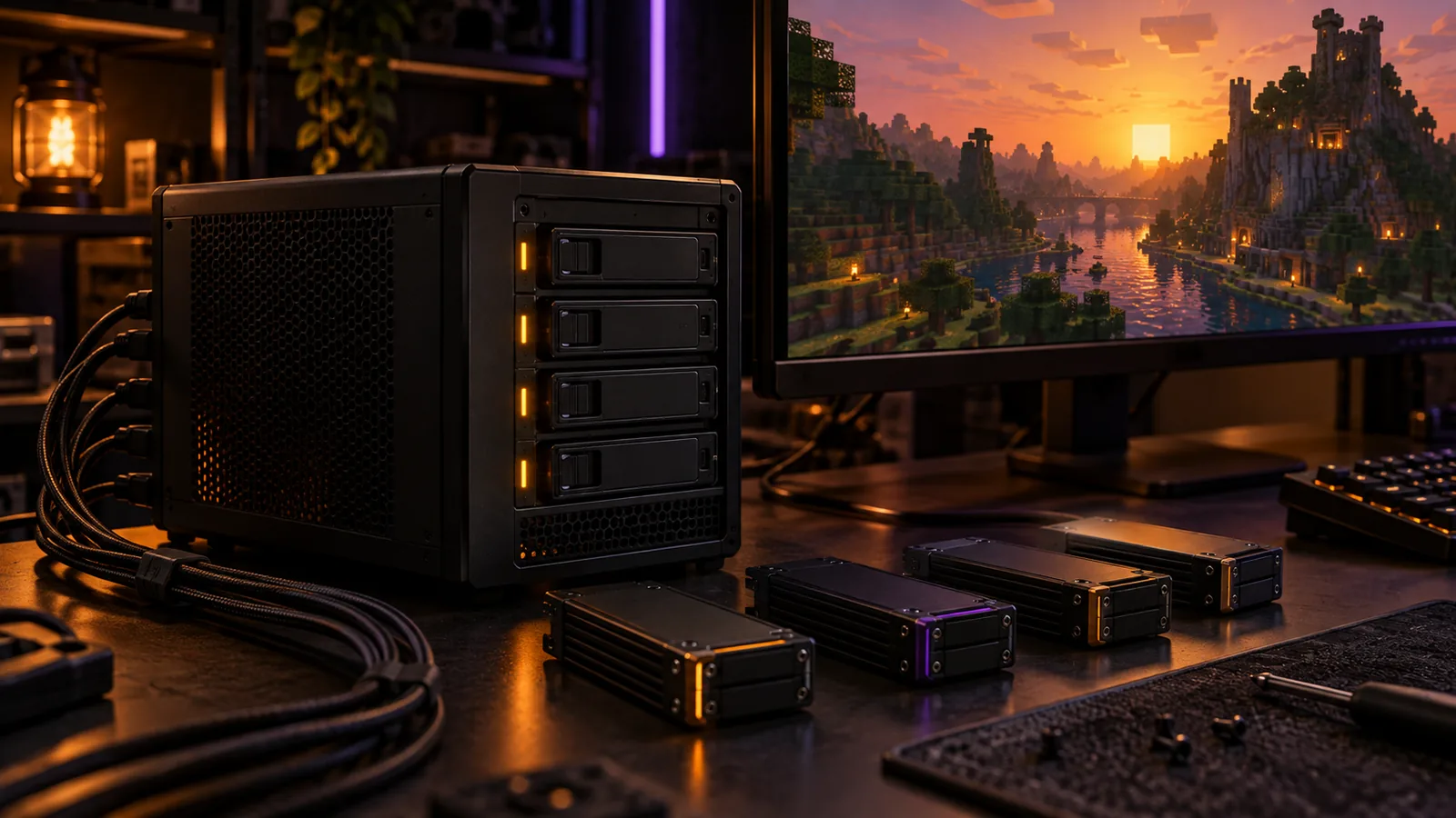 A compact server and storage modules beside a monitor showing an original voxel landscape