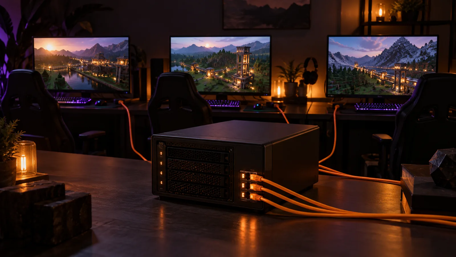 Three gaming stations connected to one local server during a multiplayer workload test
