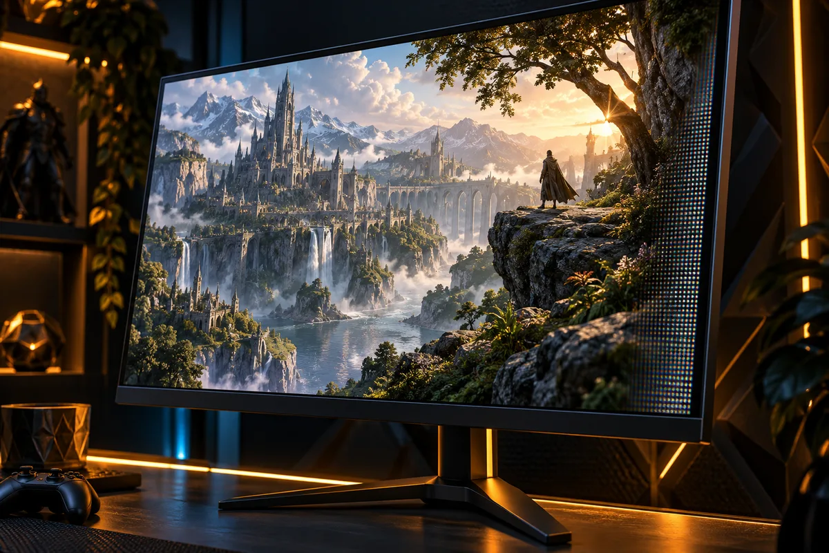 A close view of a fictional gaming monitor displaying a detailed fantasy world