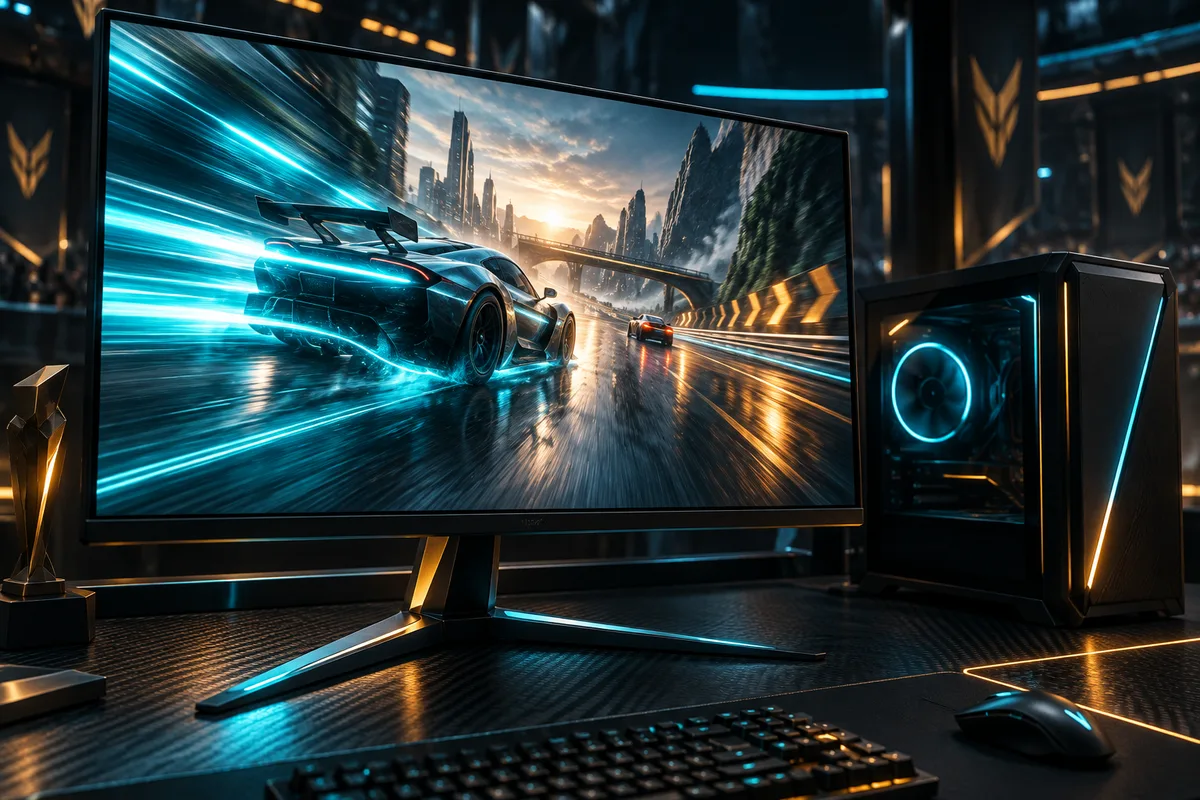 A fictional gaming monitor showing a fast racing scene beside a gaming PC
