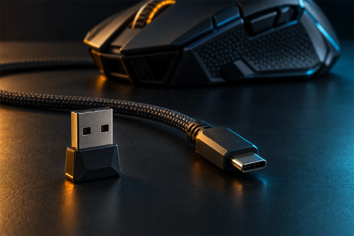 Wireless receiver and braided cable beside a fictional gaming mouse
