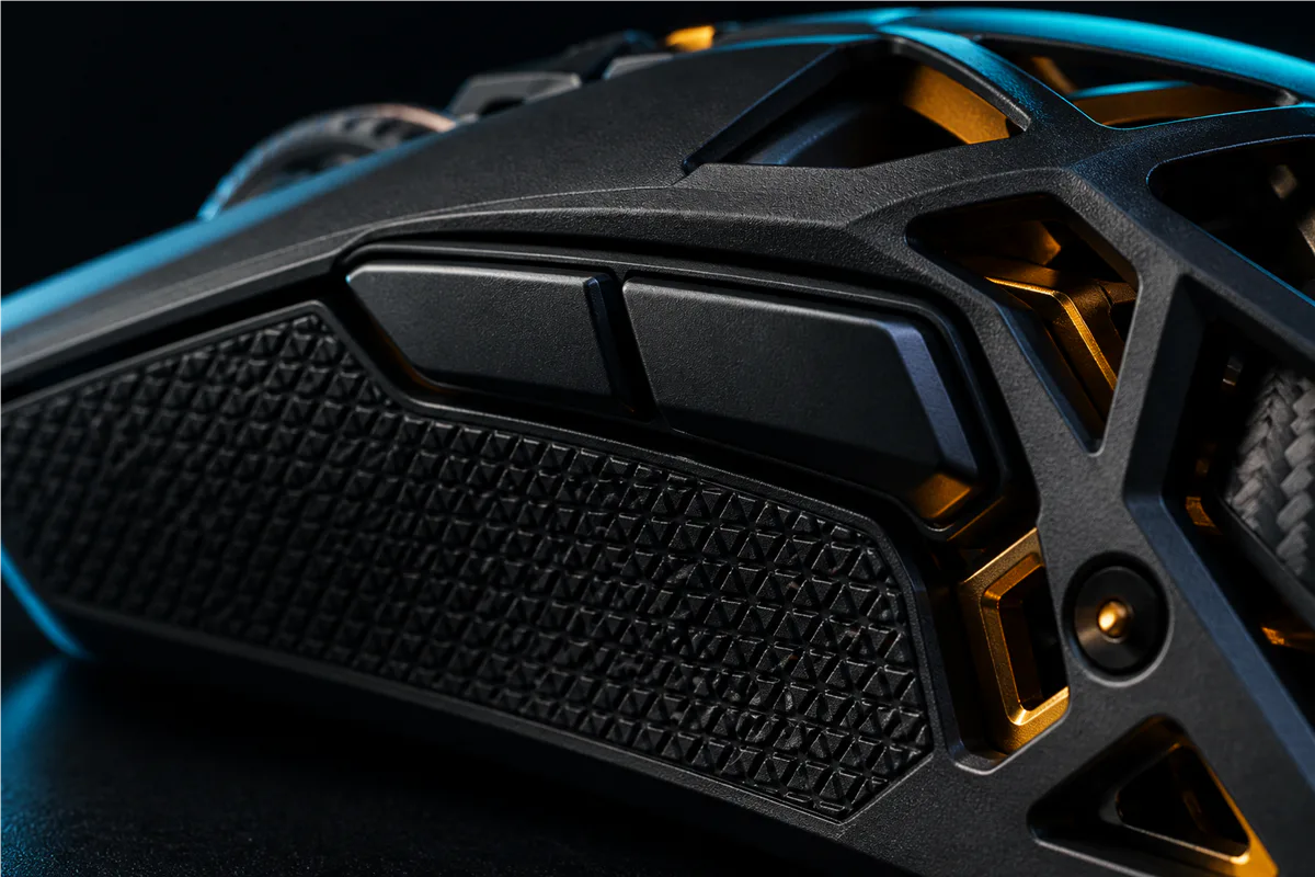 Close view of the side buttons and textured grip of a fictional gaming mouse