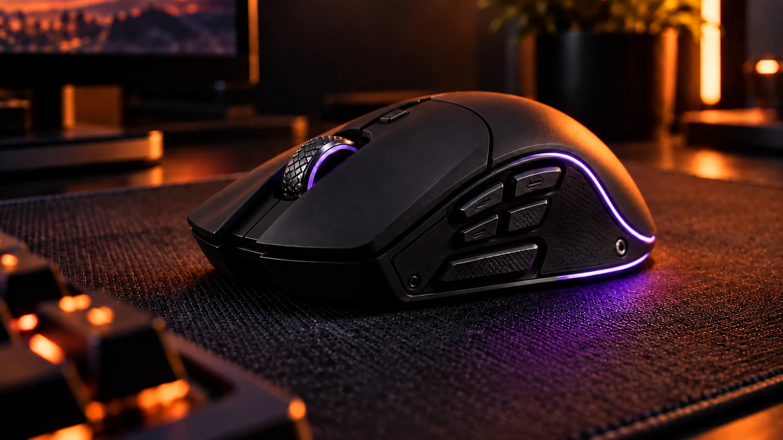 A matte-black gaming mouse with programmable side controls and violet lighting