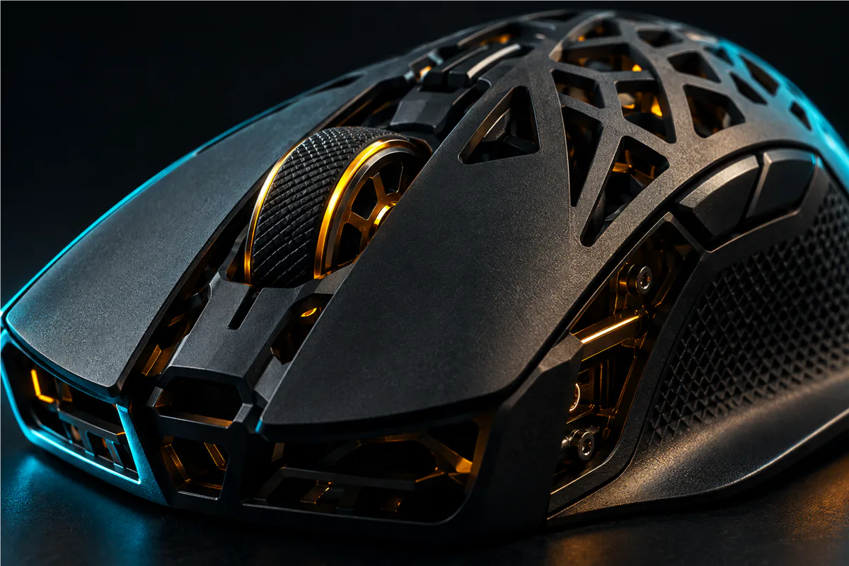 Close view of the shell, wheel and grip curve of a fictional gaming mouse