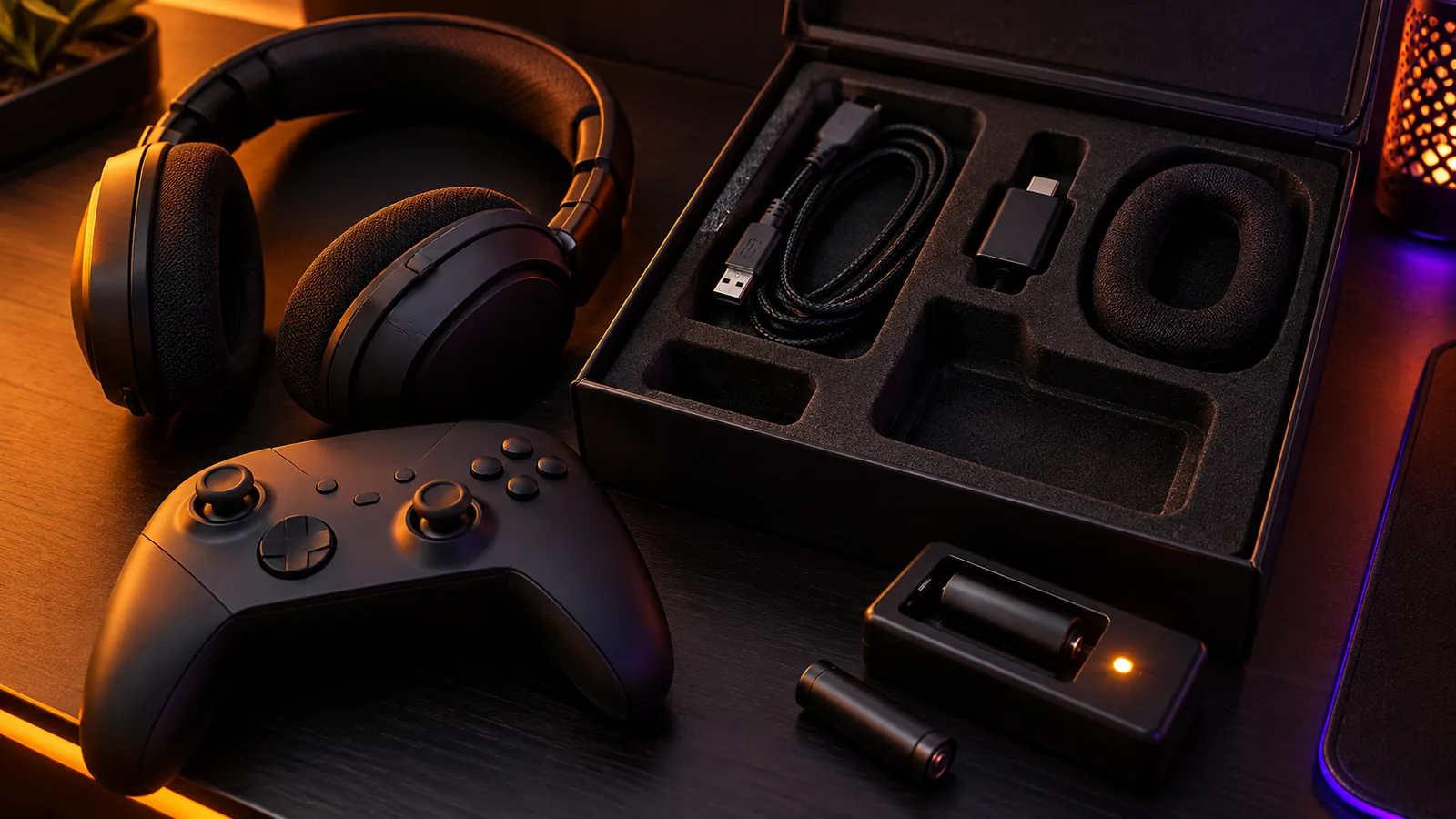 Wireless gaming gear beside an accessory tray with cables and an empty slot