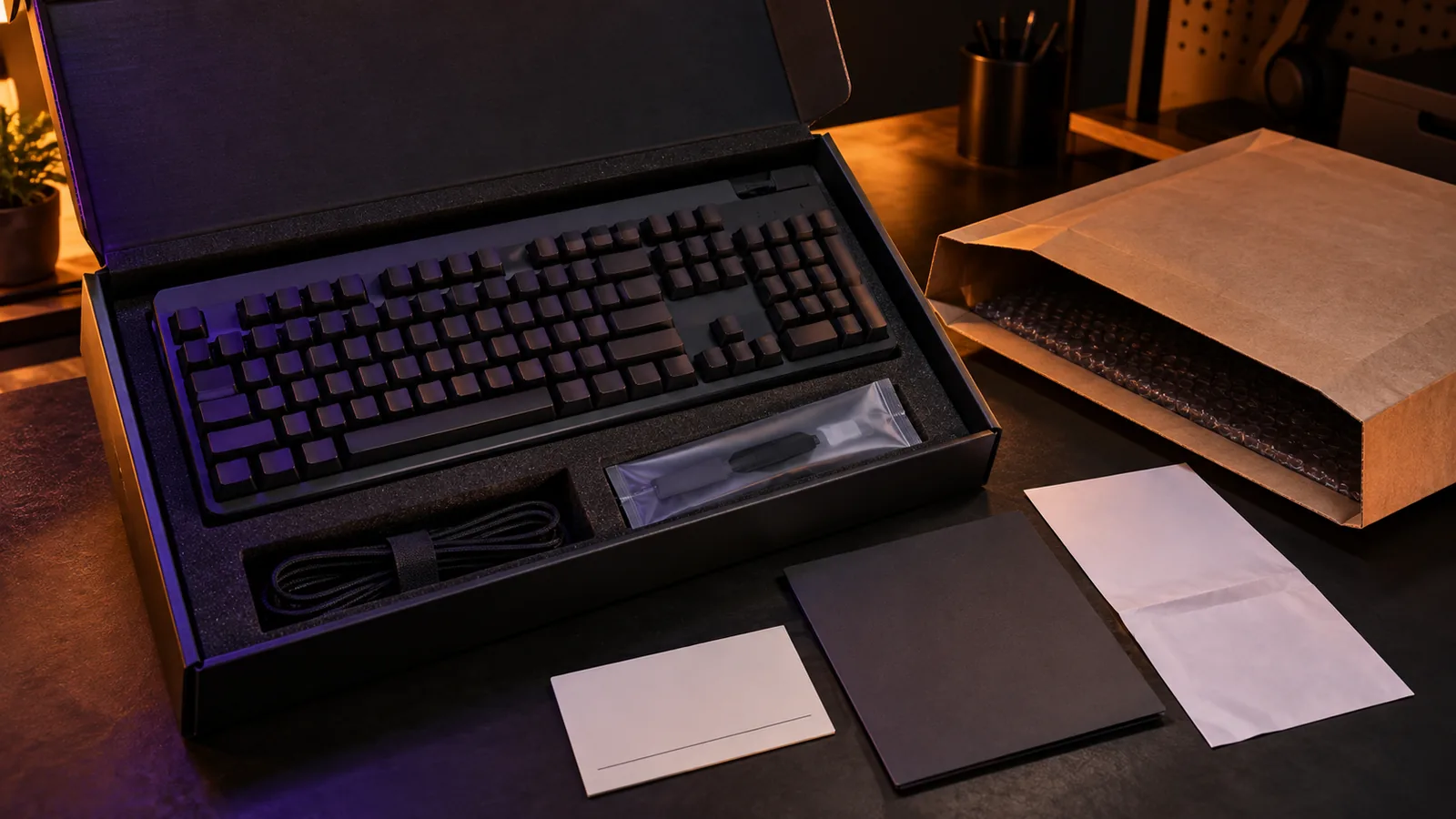 A gaming keyboard in protective packaging beside blank warranty and return documents