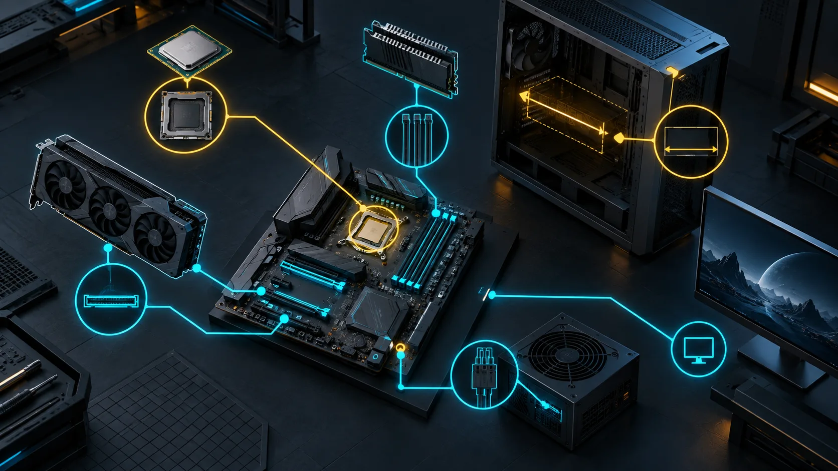 Generic PC components connected by paths representing compatibility checks