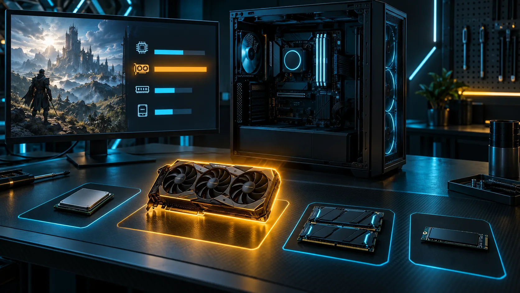 A fictional gaming PC and monitor used to inspect a repeating system constraint