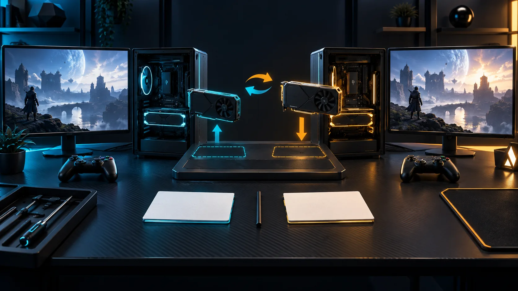 Two fictional gaming PCs compared after changing one component