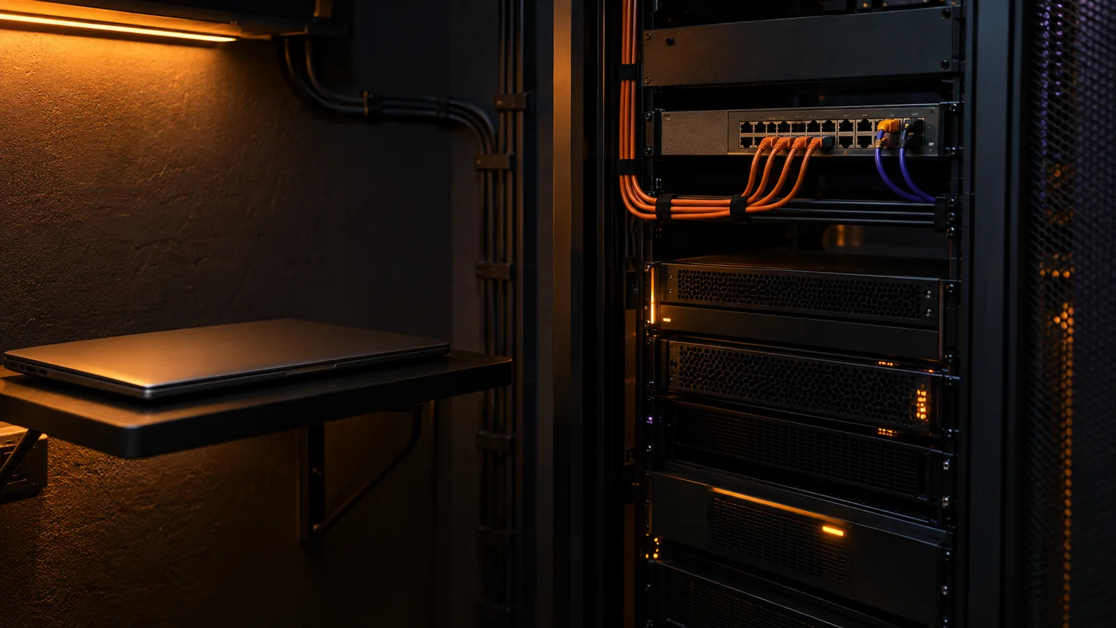A closed administration laptop physically separated from a compact server rack and network switch