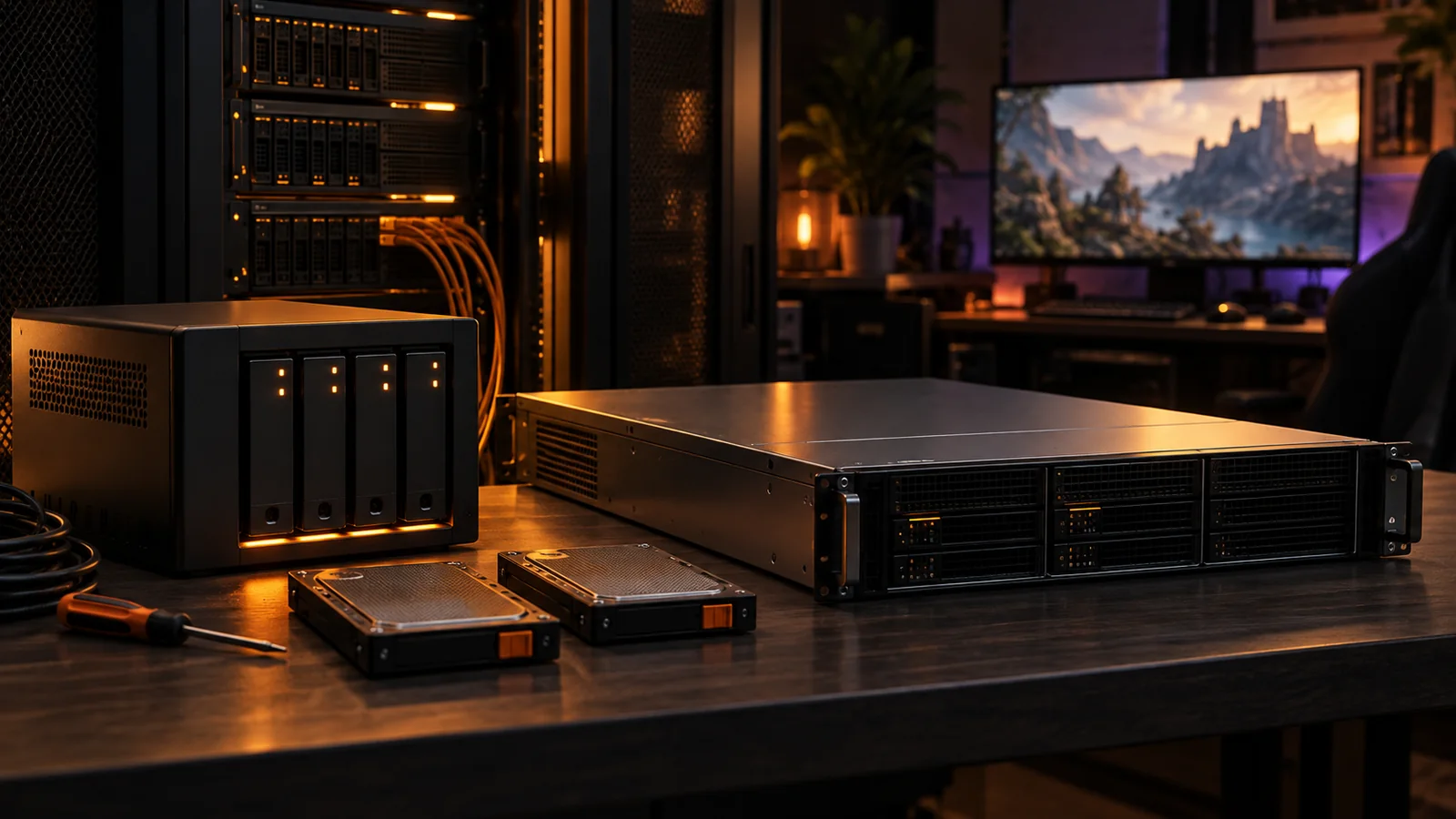 A game server beside a separate backup appliance, removable drives and a replacement server