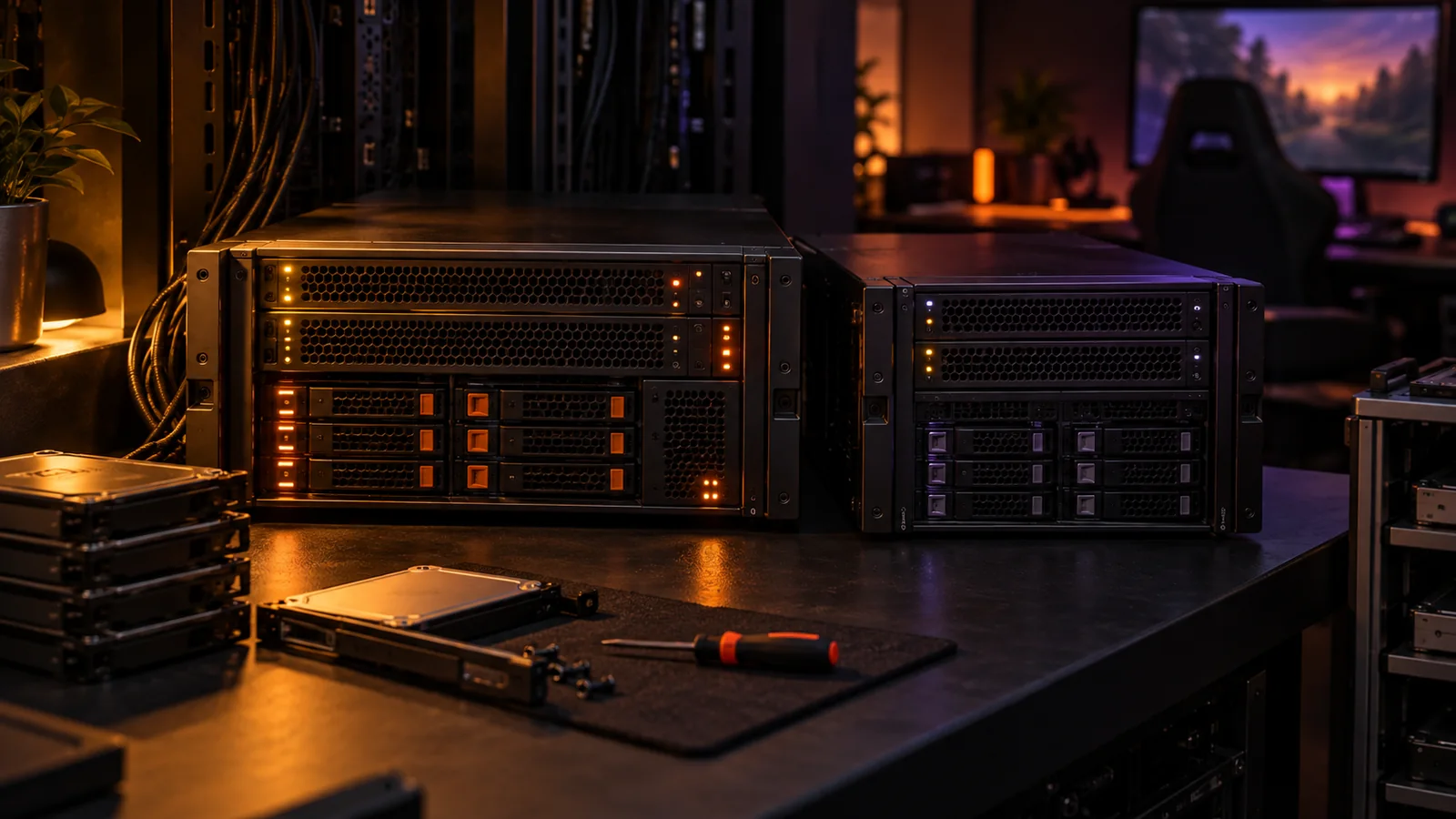 Two compact servers prepared for a controlled production and staging update workflow