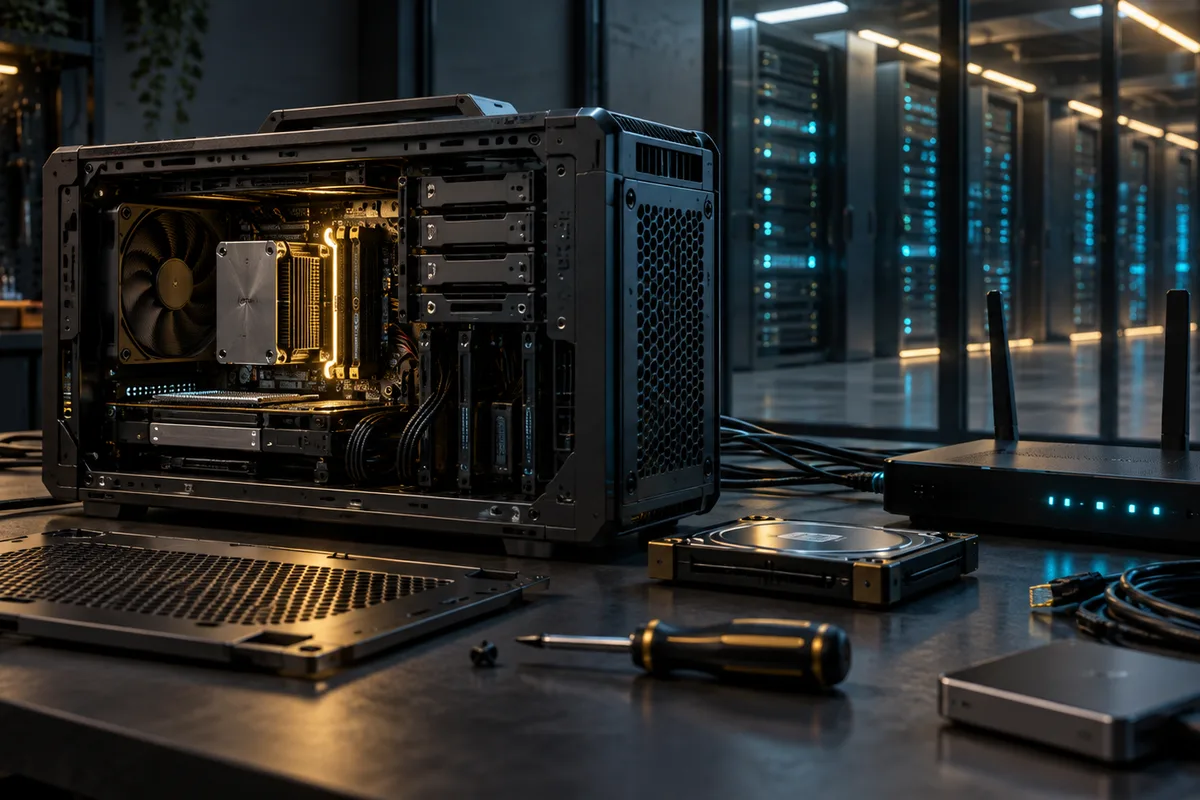 An open home server and router with managed datacenter racks behind glass