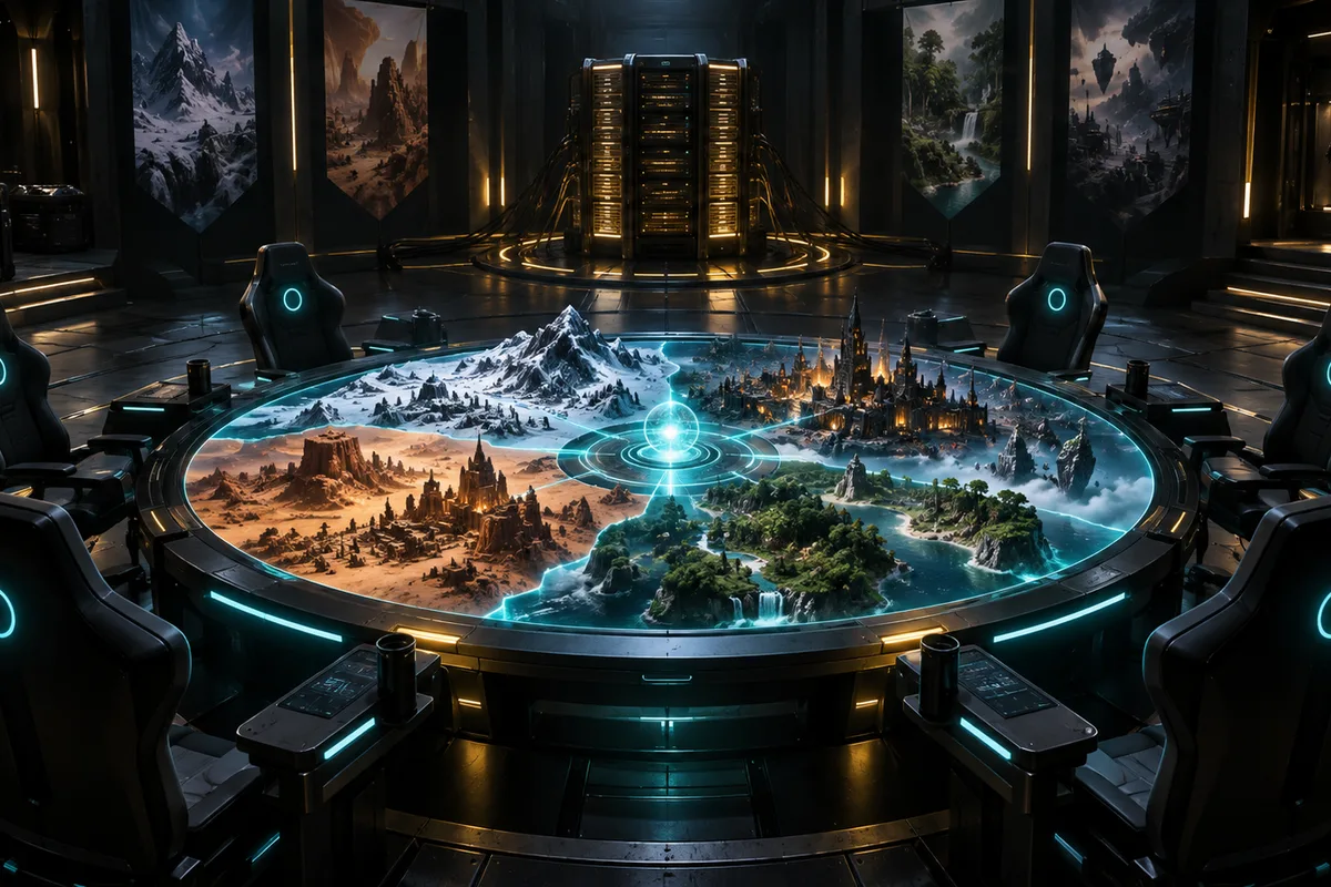 A fictional multiplayer staging room built around several distinct game worlds