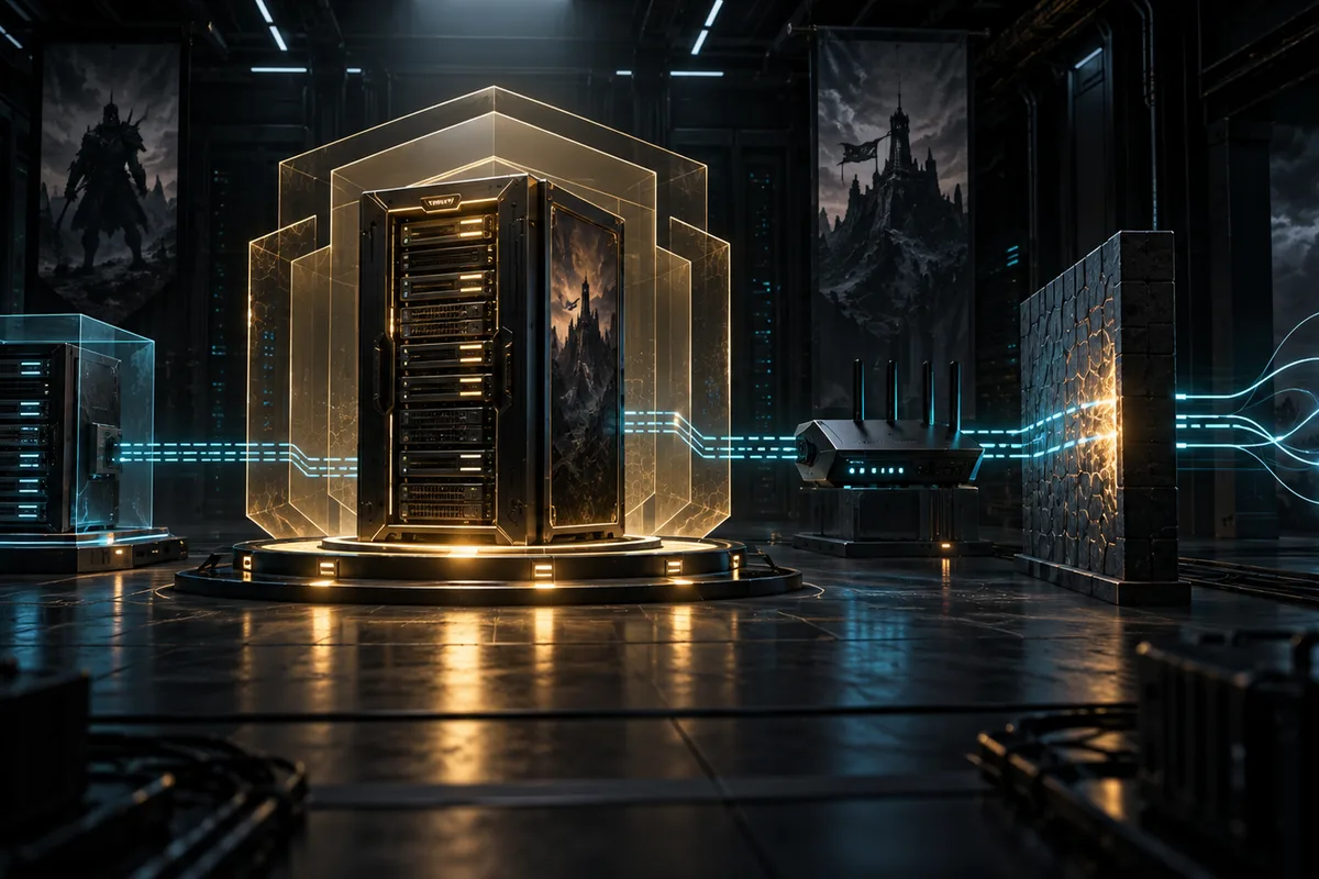 A protected fictional server connected to a separate backup node and network boundary