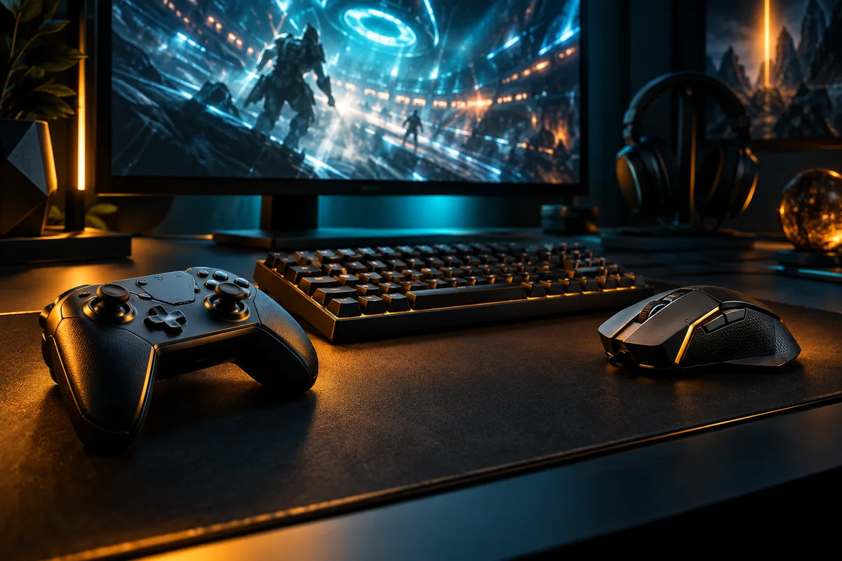 Controller, keyboard and mouse arranged around a fictional gaming display