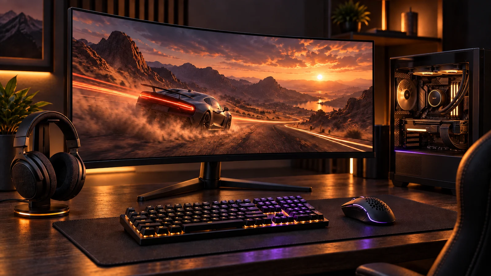 A complete gaming setup with a curved monitor, PC, keyboard, mouse and headset