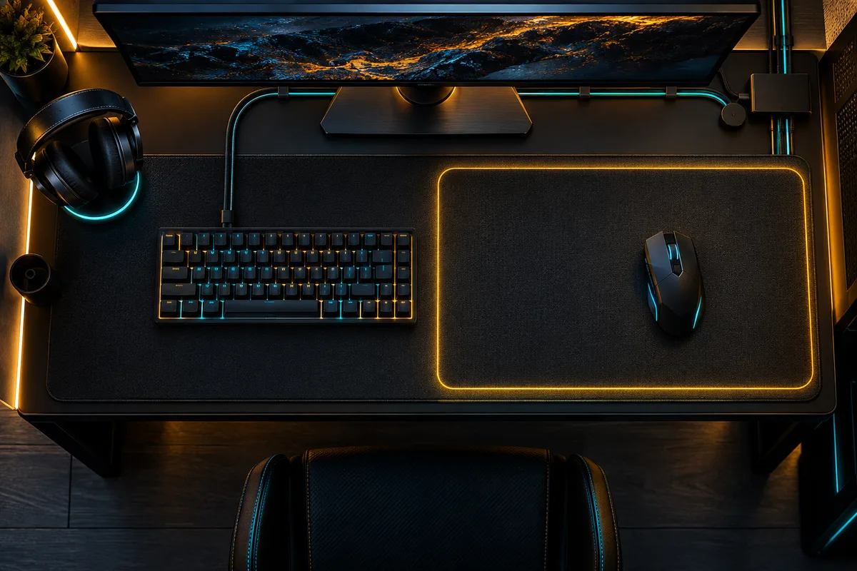 Top-down gaming desk with open mouse space and neatly routed cables