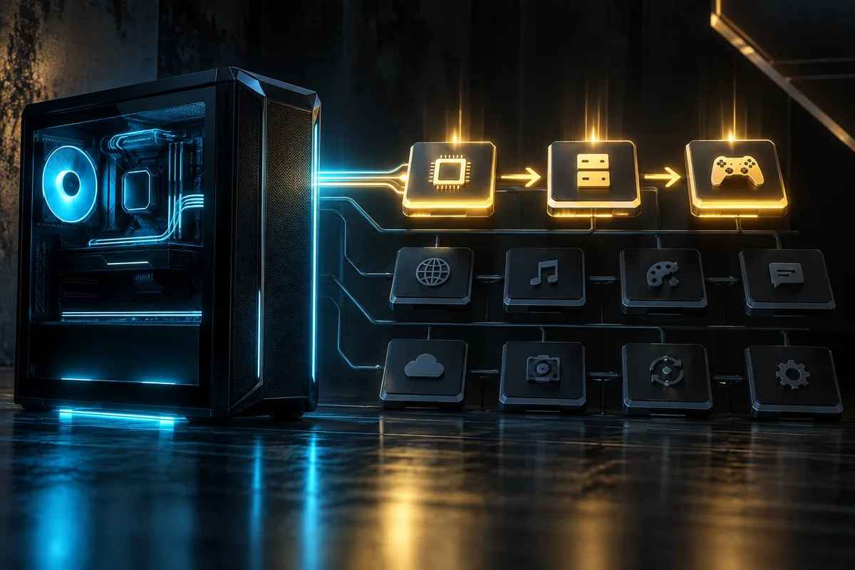 A gaming PC activating selected software modules while optional modules remain dormant